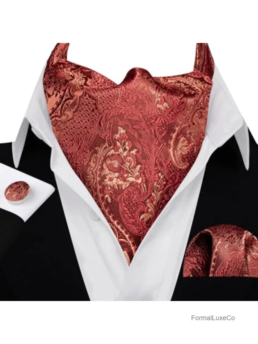 Men Silk Ascot Cravat Tie Set with Pocket Square & Cufflinks